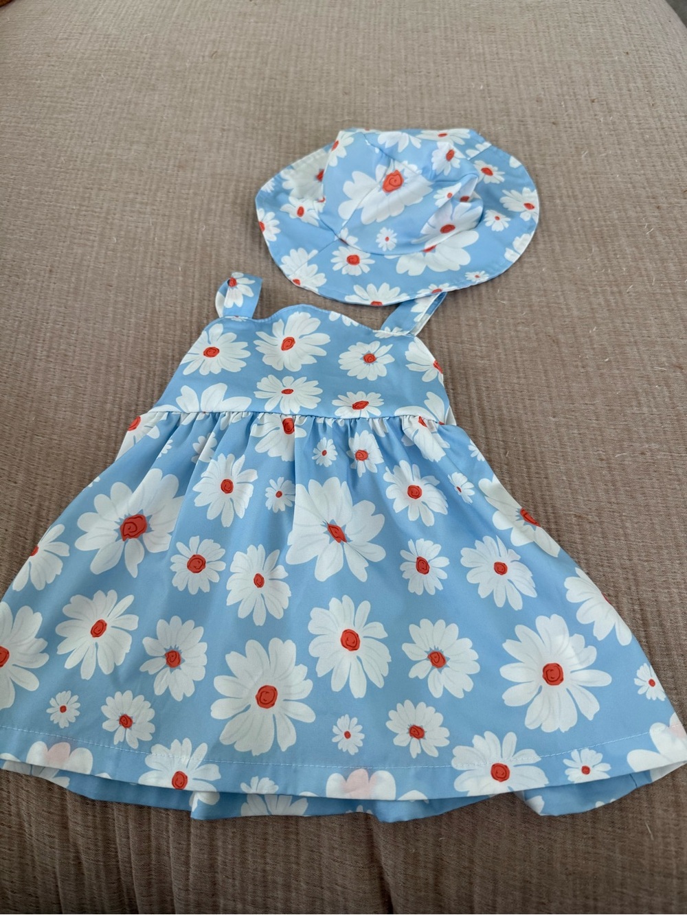 Kids Daisy Print Sun Dress and Hat Set - Blue